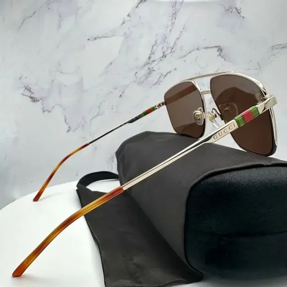 New GUCCI Sunglasses Gold Metal Square Aviator Pilot Red Green Web Logo Mens